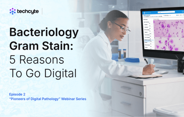 woman in white lab coat annotates about bacteriology gram stains in laboratory